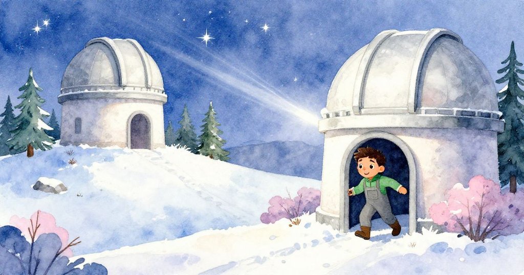 Atlas興奮地踏入冰藍的觀測站，背景呈現寒霜山丘與星光交織的神祕場景，充滿探索期待。