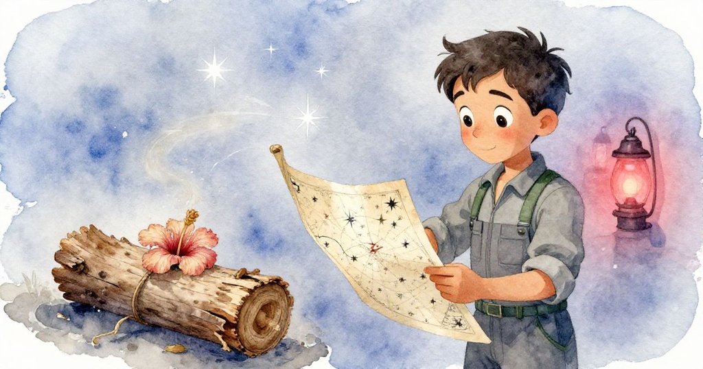 Atlas聚精會神地展開星圖，旁邊舊日誌中夾著凋零芙蓉，層次豐富的觀察台上塵埃在紅燈下輕舞，神情沉思。