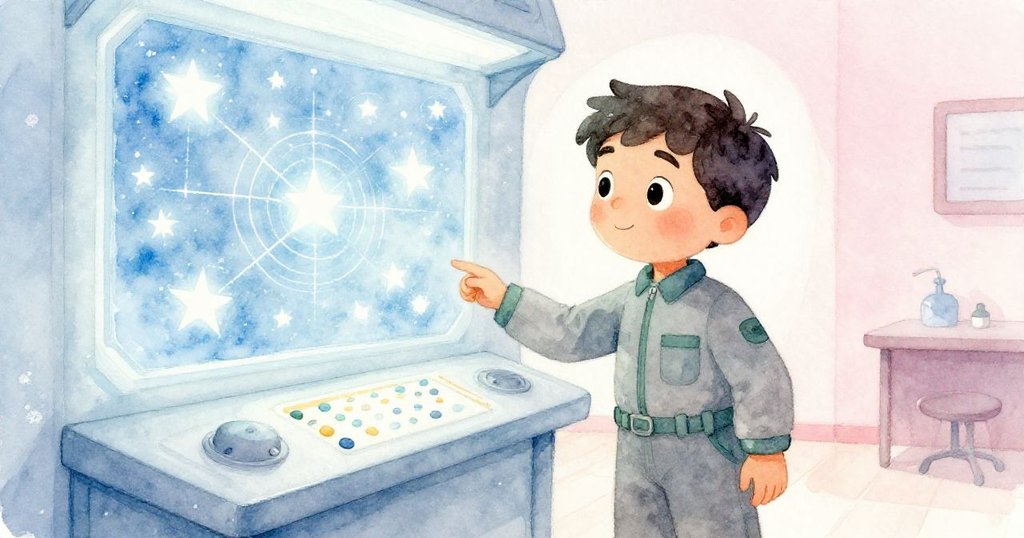 Atlas在溫馨的觀測室內，仔細查閱牆上發光星圖和控制面板，柔和燈光映出求知與期待神情。