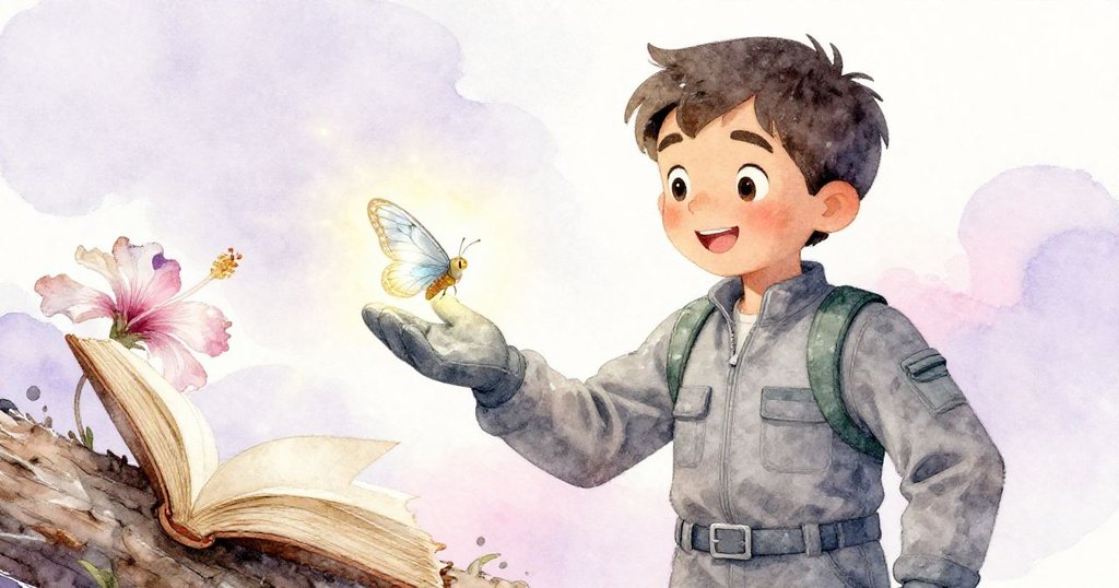 Atlas溫柔微笑著與發光小蛾子互動，翻開老日誌中夾有脆弱芙蓉花，神秘光芒映照內心溫暖。