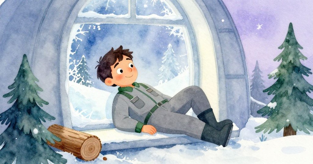 Atlas安靜坐在觀測站靠窗處休憩，手邊擺放著合上的老日誌，臉上流露出平靜反思，星夜柔光陪伴。