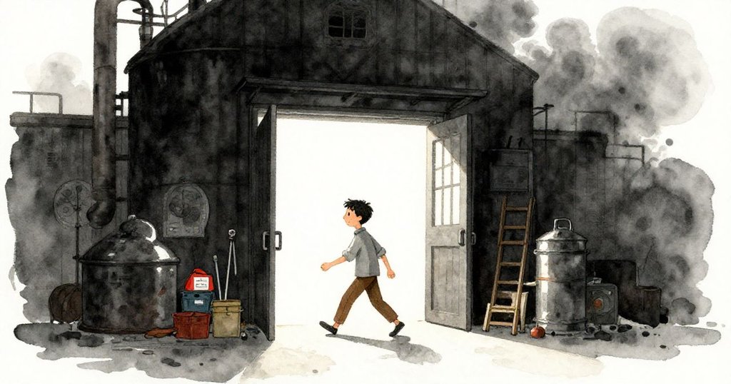 Cal走向敞開的工作室門, 站在工業風建築前, 表情期待且好奇, 灰黑色調交織出強烈光影效果。