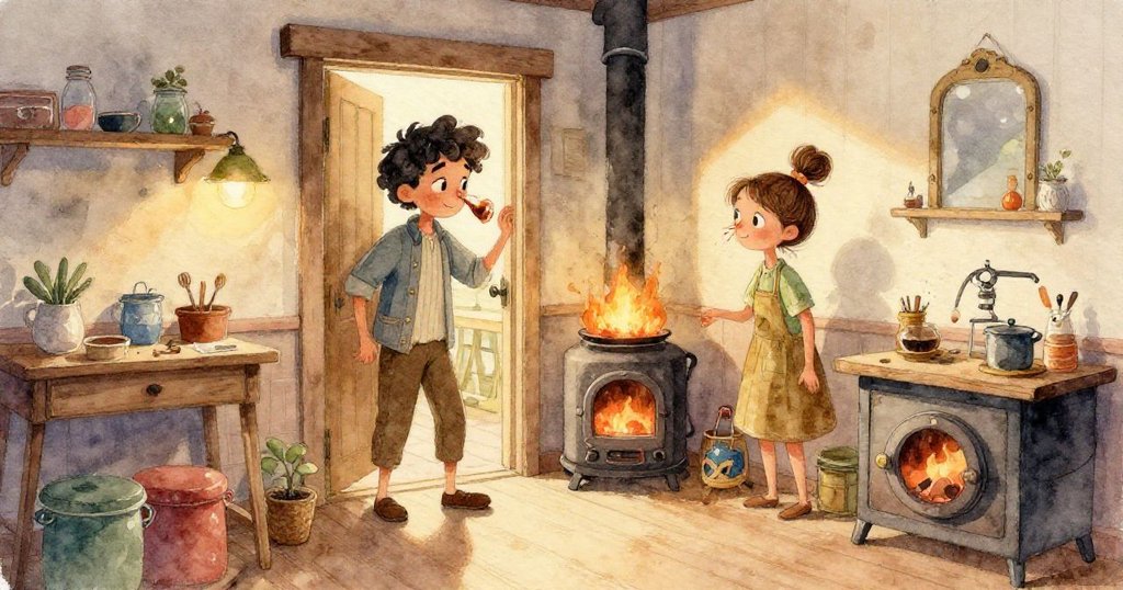 Cal仔細觀察玻璃鳥, 玻璃鳥清澈透亮、隱含紅色線條, 同時展現手中操作吹管的細節, 工坊內燈光溫暖柔和。