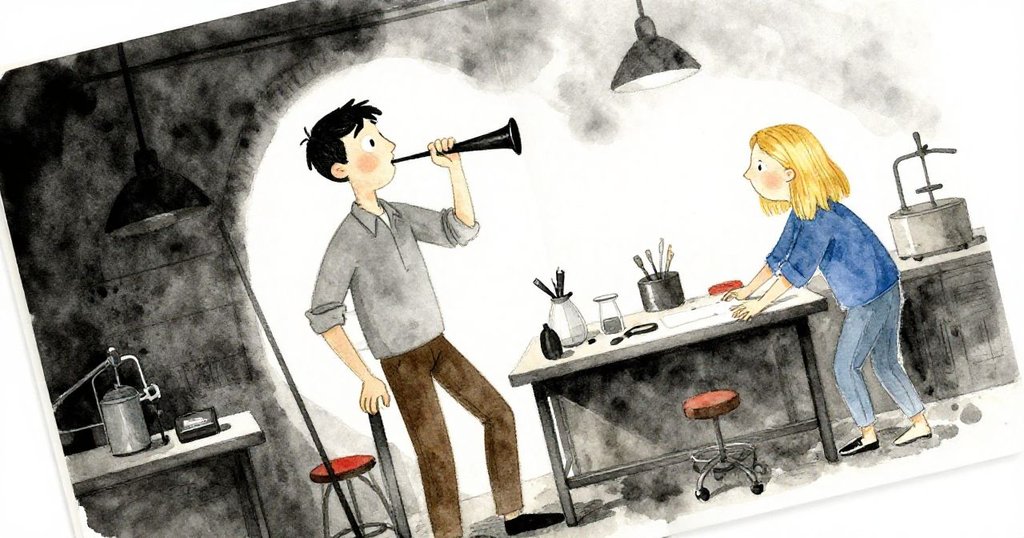 Cal與Gwen在工坊內協作, Cal用吹管吹製玻璃, Gwen動作迅速調整工作台, 傾斜視角下呈現動感協同作業的氛圍。