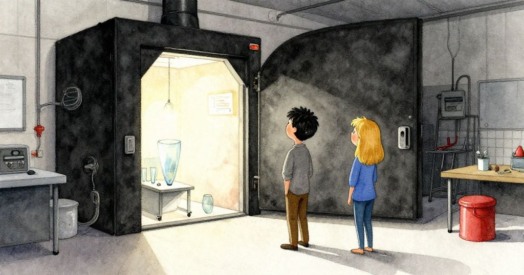 Cal與Gwen站在半開的退火爐門前, 注視著逐漸冷卻的玻璃, 工坊內透出微光, 營造出神秘而轉變的氛圍。