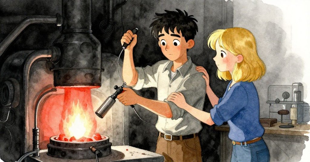 Cal神情專注地調整吹管, Gwen輕輕以手肘示意修正, 臉部情緒緊繃而充滿默契, 火光與陰影營造緊張氛圍。