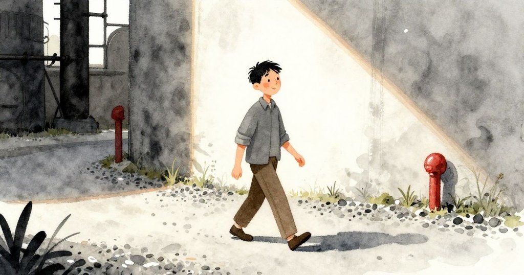 Cal走出工坊, 擦去手上余溫, 沐浴在傍晚微光中, 漫步在碎石小徑上, 表情由緊張轉為寧靜滿足。