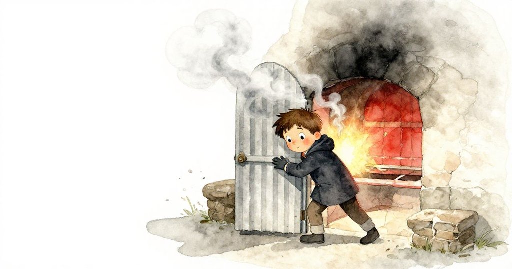 科爾推開生鏽波浪狀門,木煙繚繞於舊窯外,神秘氛圍中展現好奇冒險情懷