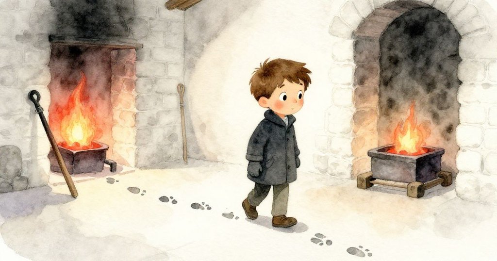 科爾沿著細微灰跡行走,注意到斜靠牆邊微光的鐵撥火器,步伐充滿探索期待