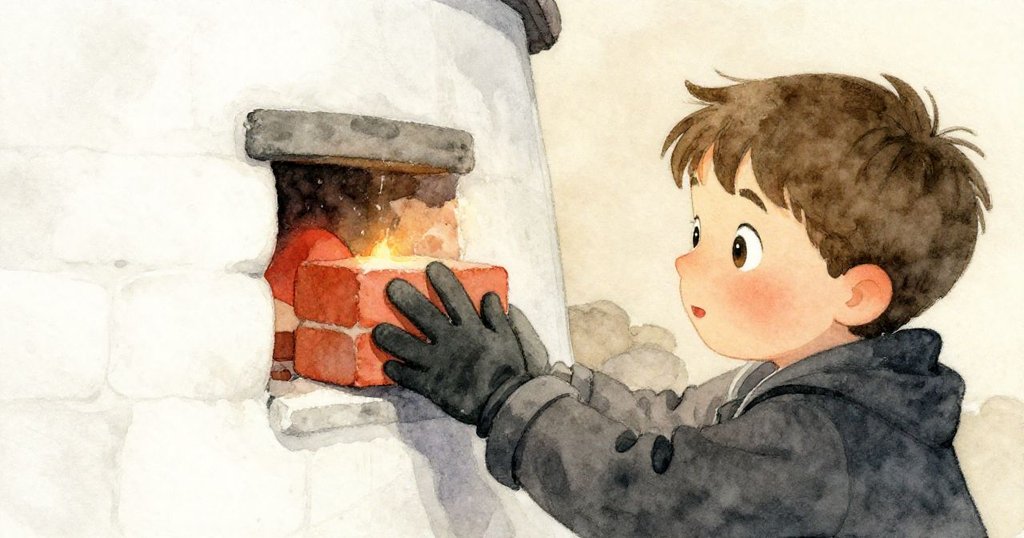 科爾在窯口低角度細提磚塊,橙色火光短暫閃現映照其好奇專注神情