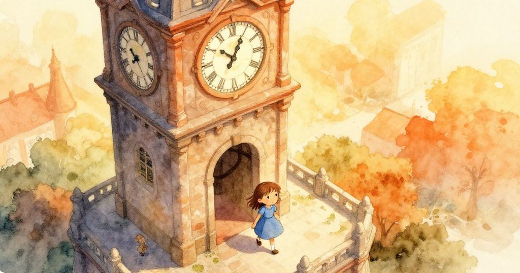 Zara穿著藍色連衣裙踏入古老鐘樓，晨曦照耀下塔樓與周圍屋頂盡顯歷史韻味與神秘氣息。