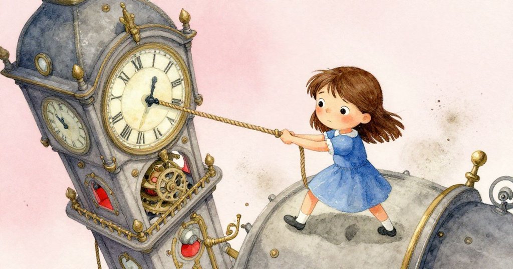 從高角度俯瞰，Zara緊握纜繩使勁拉動古老機械，塔內光影交錯中透露出一絲急迫與挑戰。