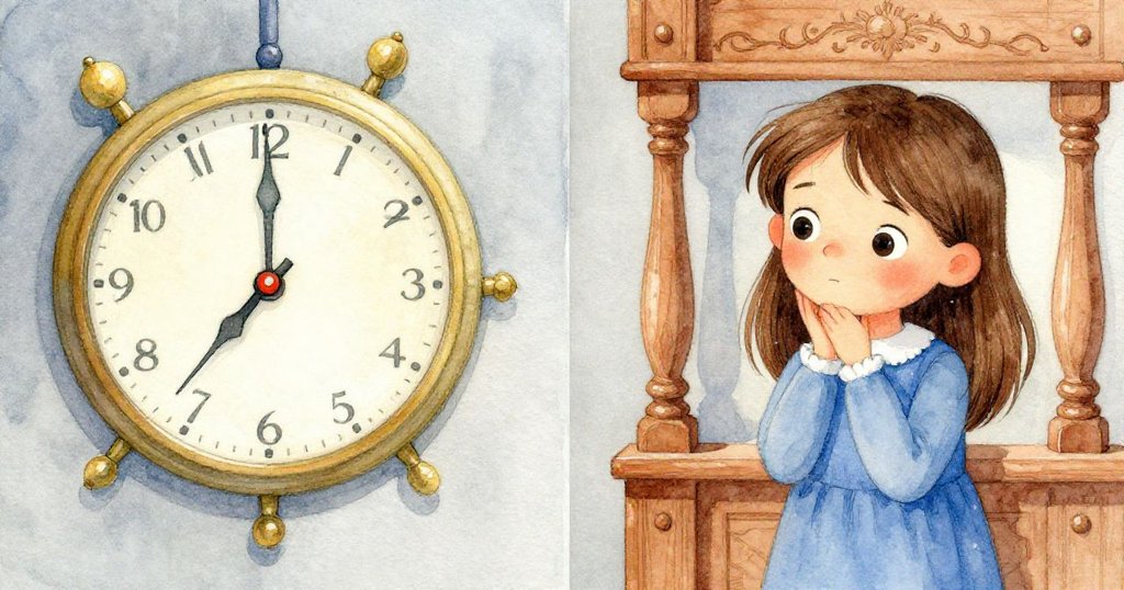 畫面一分為二，左側鐘樓內機械猛烈運轉，右側回憶中刻有字母的橡木欄杆喚起往日溫情，Zara表情凝重。