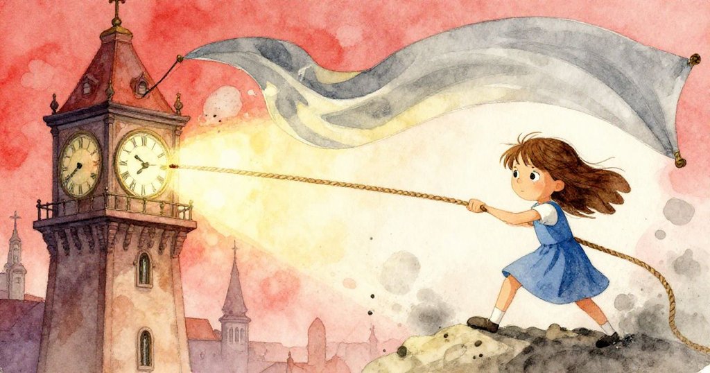 Zara迅速拉扯纜繩，破舊掛布在風中飛揚，塵土飛舞間鐘樓內部金屬逐漸發熱，氣氛緊張而充滿活力。