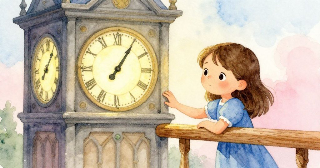 鐘樓恢復穩定節奏，Zara溫柔觸摸刻有字母的橡木欄杆，臉上露出寬慰與自豪的微笑，場景充滿柔和暖光。