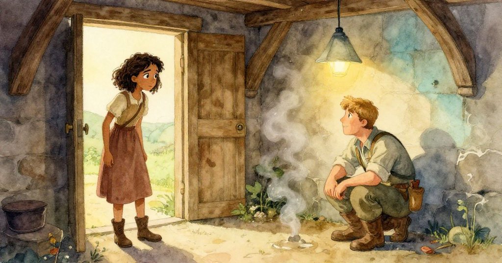 Zara站在舊磨坊門口注視Bram低伏於燈光下，室內暖與冷對比鮮明，氣氛神秘而沉思。