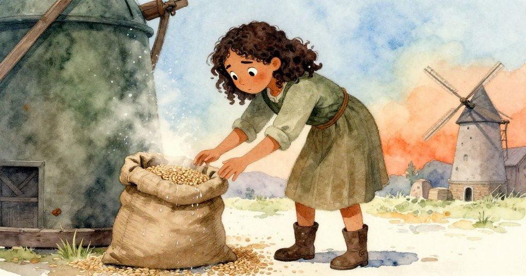 Zara彎下身輕觸沾有露珠的穀物袋，浮動的麵粉如煙，室內光影交織，動作柔和且專注。