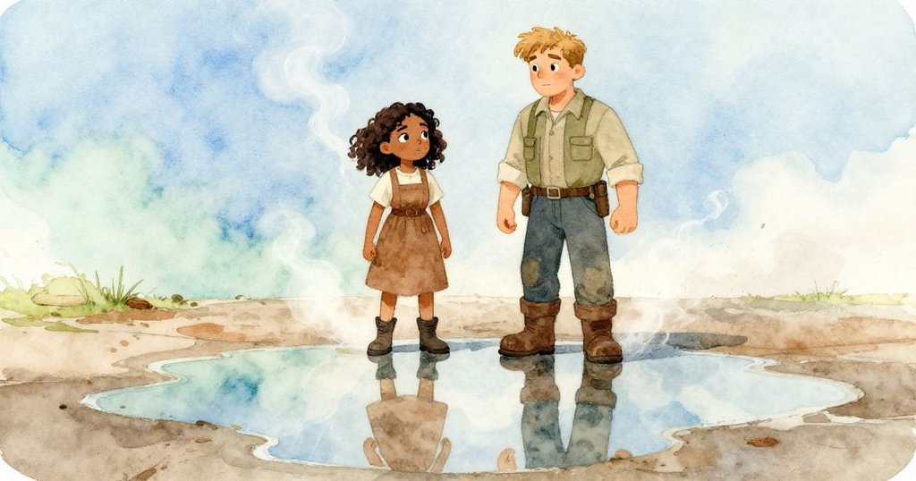 水坑中微光映出Zara與Bram的影像，蒸氣與麵粉細塵交織，細膩展現磨坊內的神秘反射。