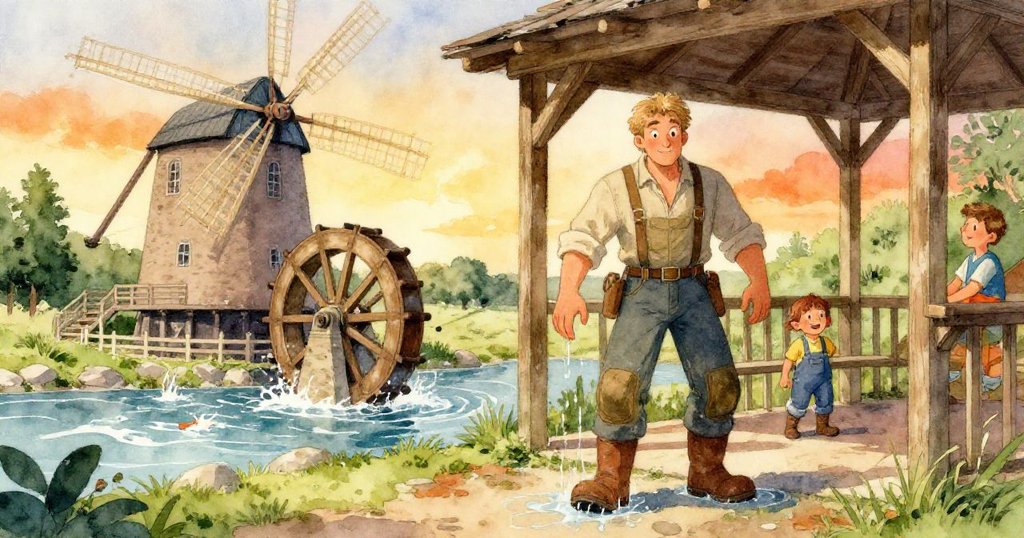 Bram從露天亭匆匆歸來，濕潤靴子滴水，外部晨光中磨坊轉輪與河流聲增添生動氣息。