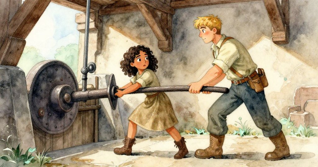 Zara與Bram合力推動膨脹的槓桿，面露堅決，木與水齊鳴，磨坊內氣氛緊張而充滿挑戰。