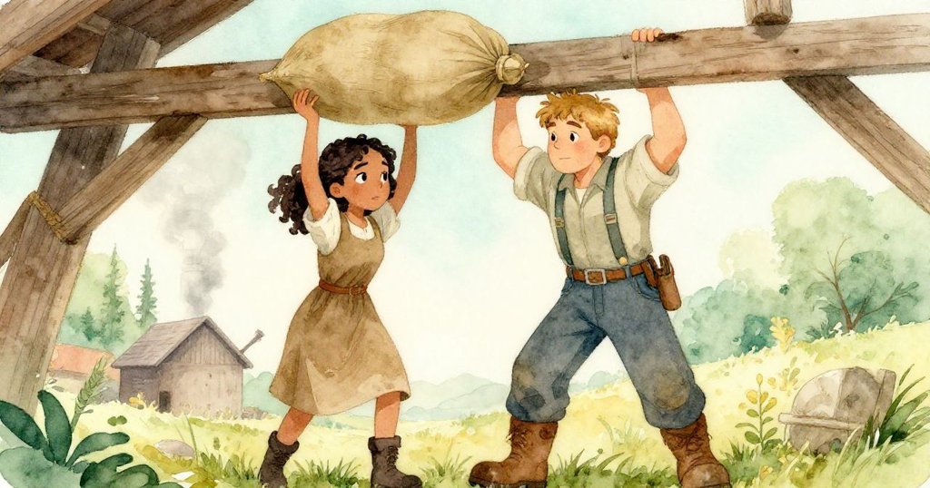 在蒸汽散去後，Zara與Bram合力將穀袋吊至高樑，臉上由緊繃變為平靜，磨坊恢復平衡。