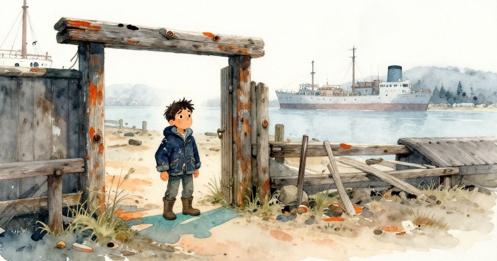 Sam站在古舊碼頭門旁，鹽花閃爍在半建船隻與木材上，表情充滿好奇與沉思，背景海灣煙霧瀰漫。