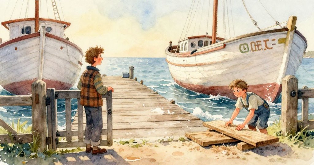 Sam的手輕輕拂去橡木柱上的鋸末，露出細緻蝴蝶紋路，溫柔光線映襯出木紋質感，表情專注。