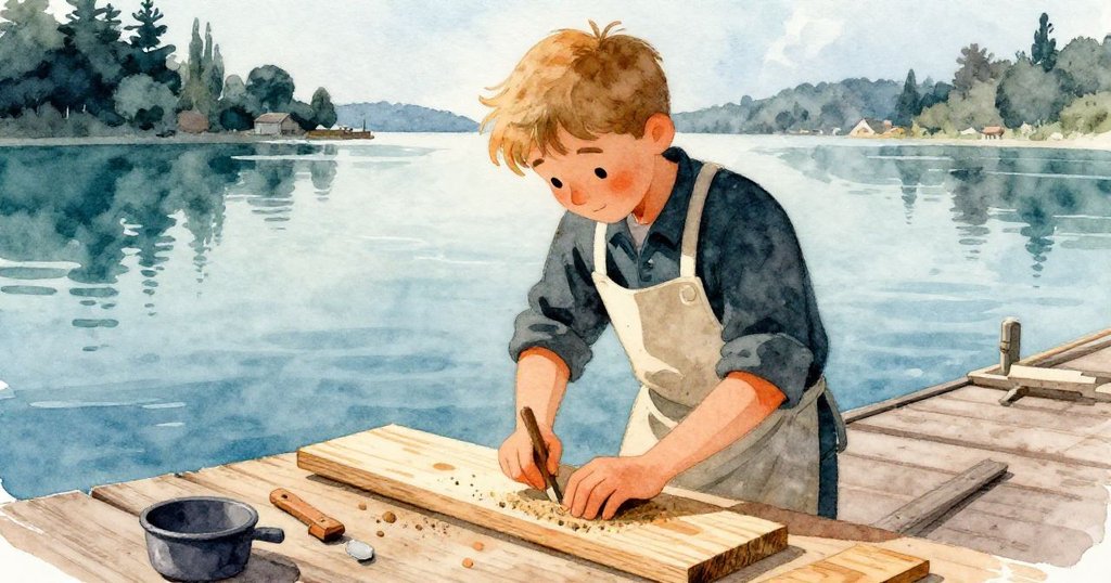 學徒在斜坡邊打磨橡木板，專注動作在寧靜海面的倒影中展現，環境充滿海風與木質風情。