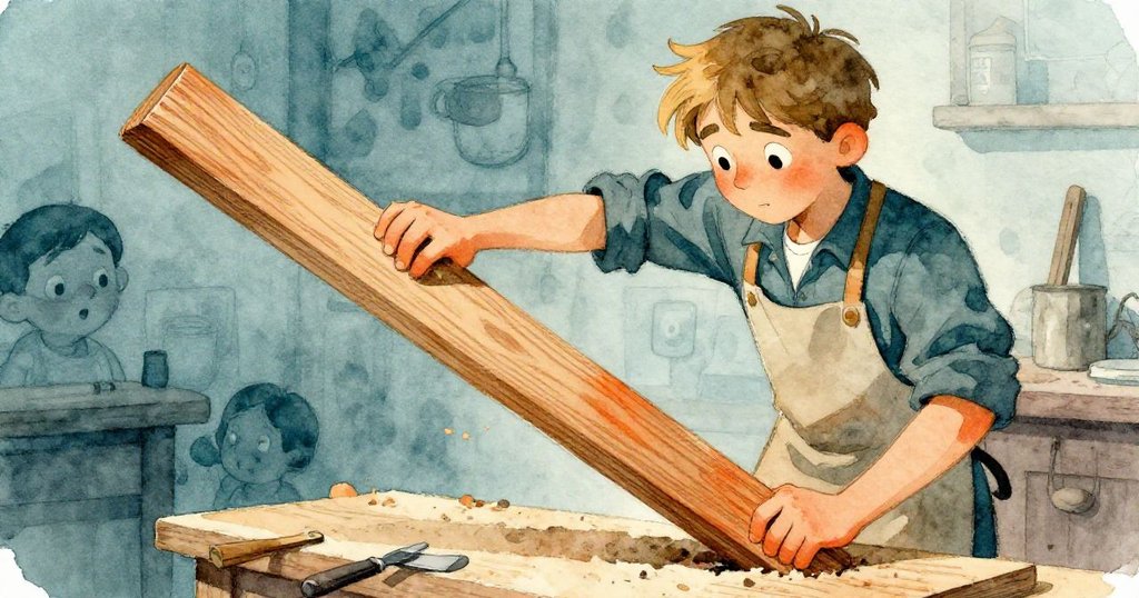 學徒在木板作業時，手部動作頓時放鬆，木板輕微移動發出低鳴，現場氛圍充滿微妙緊張。