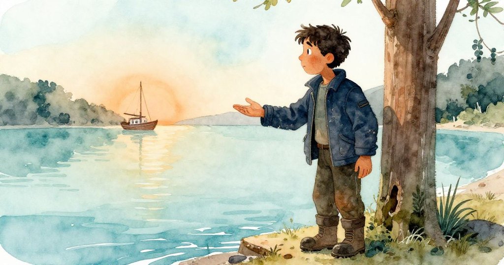 Sam站在近海木柱旁，手輕觸缺口，海面及遠處船隻靜靜呼應，情緒沉思且安寧。