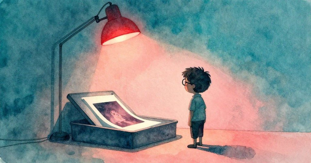 Wren在暗房中站立,剪影映襯著紅光,觀察著發展液中搖晃的相紙,神情專注,空間充滿溫暖光影。