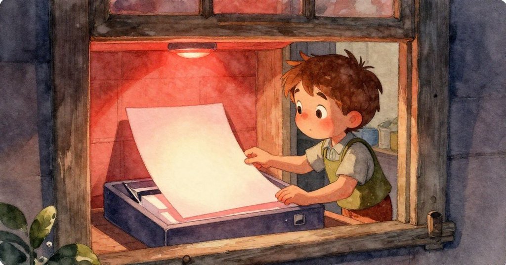 Wren看到的相紙近照,紅光下閃亮著液滴與反光,細膩呈現化學藥劑中的神秘細節,充滿藝術感。