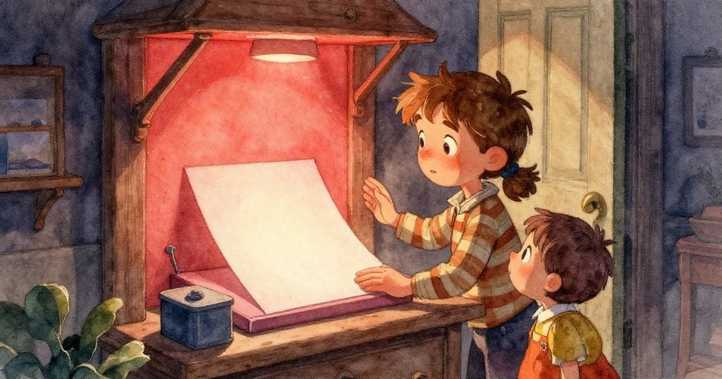 Wren從肩後視角整理海藻森林相片,桌上擺著帶斜痕的不完美印相,動作細緻且神情略帶失落。