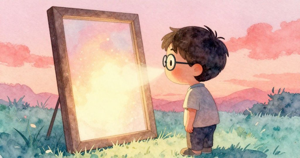 Wren凝視濾鏡邊落塵,燈光轉為懷舊粉彩,臉上帶著驚奇與沉思,暗房情境夢幻而柔和。