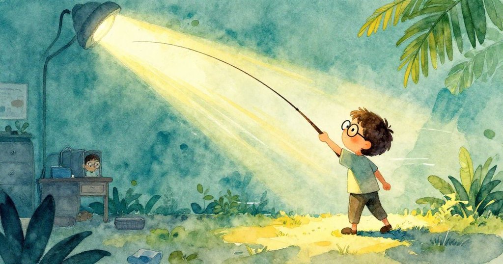 Wren動態調整身姿阻擋溫風,身影流動形成明亮光帶映在工作桌上,表情專注,暗房動態感十足。