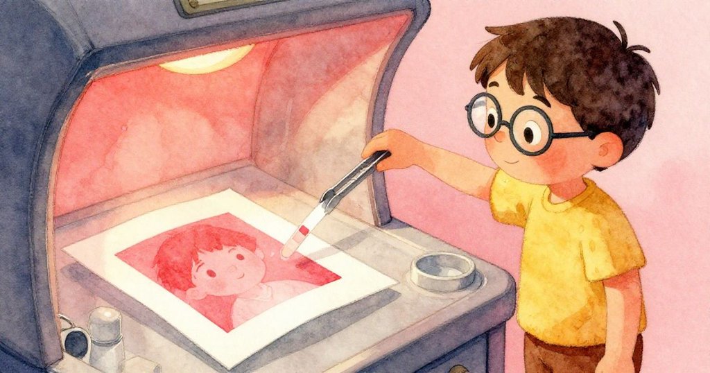 Wren用鉗子小心夾起落水槽中帶斜痕的試紙,旁邊擺著完美印相,柔和紅光映照出反省與解脫意境。