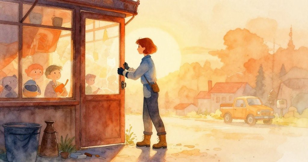 費伊在晨光中開啟修理鋪,剪影映襯著暖色天空,充滿期待與神秘的氛圍。