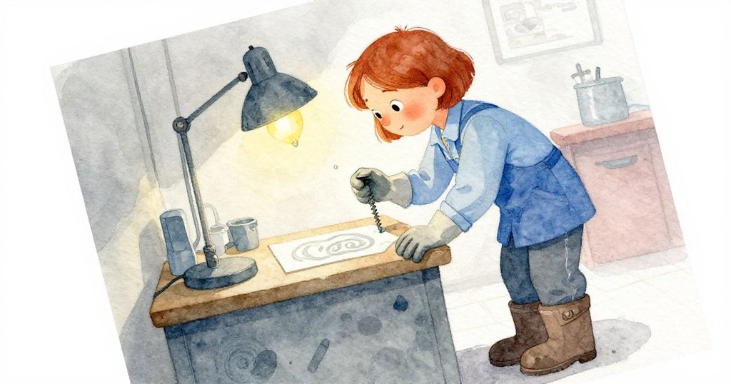 費伊彎腰仔細檢查滴水與嗡嗡作響的燈光,角度獨特,手觸海報呈現樸實細節。