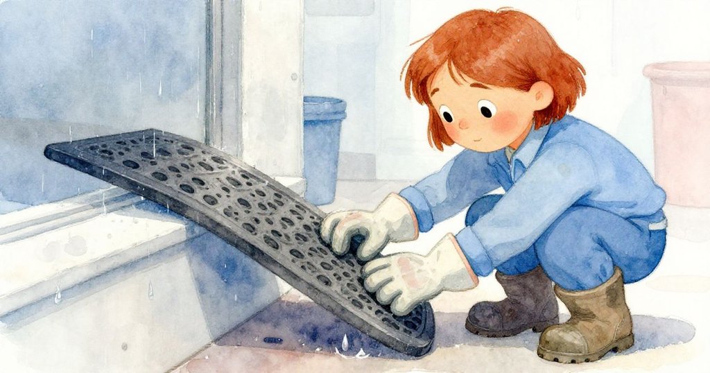 雨滴順著門楣緩滑落下,與橡膠墊形成對比,營造出濕潤且富有層次的氛圍。