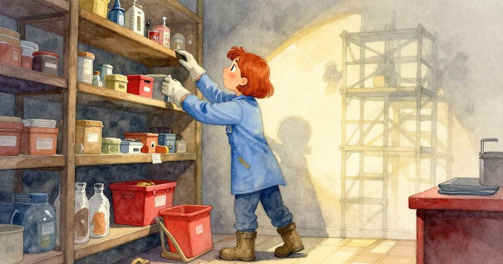 費伊目光堅定地整理移位的貨架,發現牆上蒼白腳手架輪廓,動作謹慎展現緊張與謎樣氣氛。