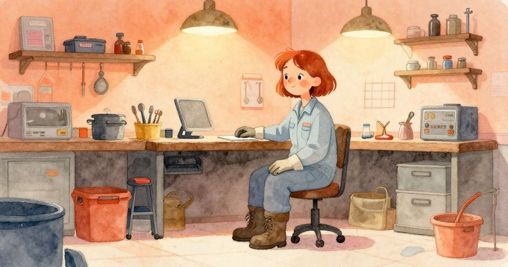 費伊坐在修理鋪工作台邊,神情平和,柔和燈光與整齊物件營造靜謐滿足感。