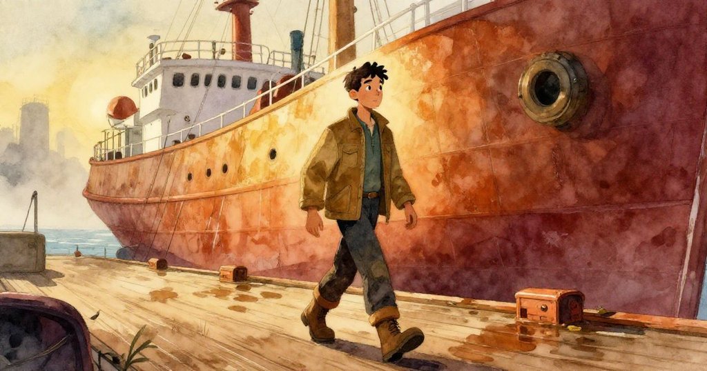 Wade 穿著工作服和靴子走在潮濕的木板上,不完整的船體和孤獨海鷗營造出神秘船塢氛圍,充滿決心。