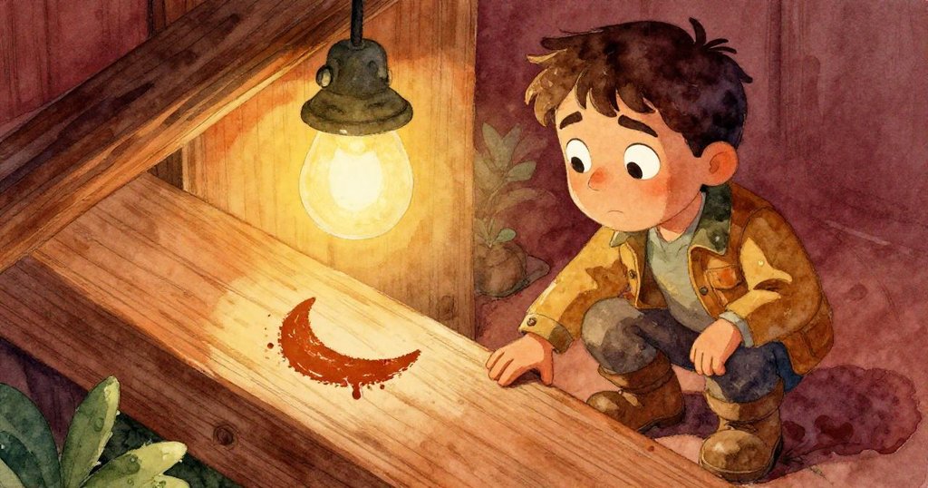 Wade 聚精會神看著船樑旁月牙形油漬,眼神專注,細節豐富,呈現探索疑惑的情感。