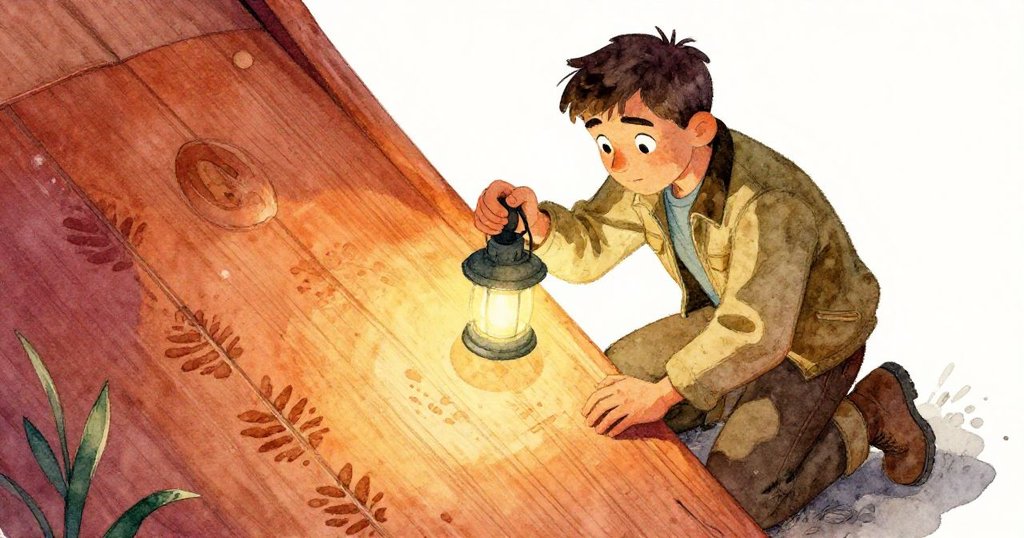 Wade 膝跪於船體下,手套輕觸油漬紋理,燈光下木質紋理清晰呈現,表情專注且脆弱。