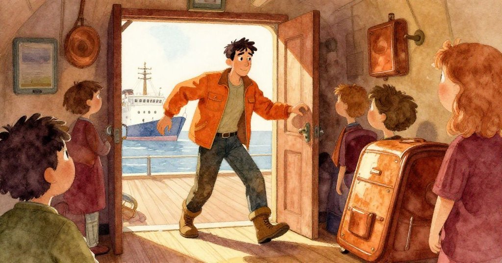 Wade 轉向開闊走道,身旁散落鋸末,海霧輕繞,遠處傳來細語笑聲,氛圍漸轉柔和。