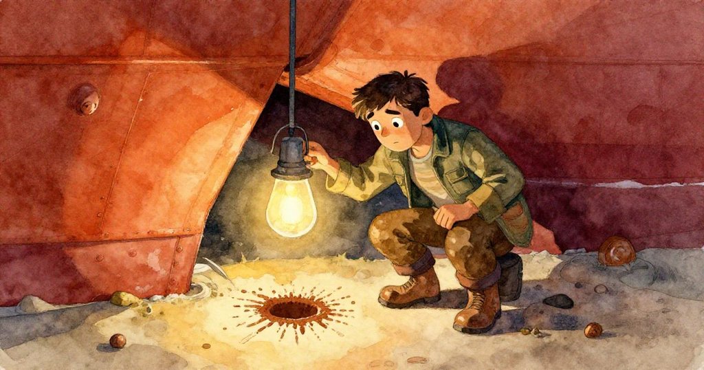 Wade 在狹窄縫隙前停下,燈光下油漬紋理正變化,他伸出手觸碰印記,神情謹慎緊張。