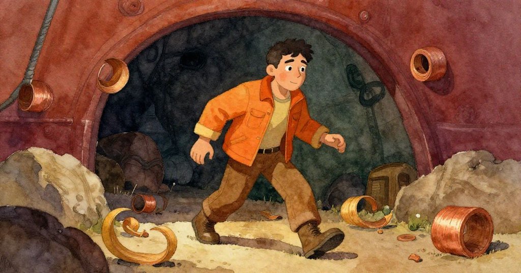 Wade 穿越幽暗通道前行,堅定目光看向更深神秘處,背後留有變化油漬與散落木屑,展現探索決心。