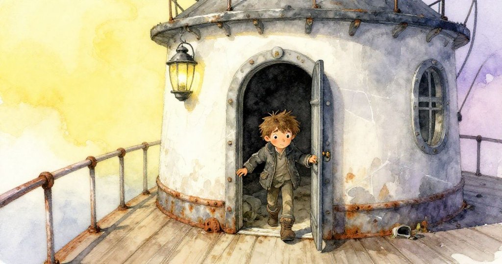 芬恩踏入古舊燈塔甲板，稜線斑駁，吊著錫口哨，環境透露神秘與懷舊氣息。