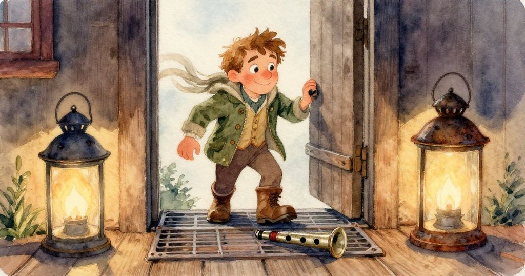 芬恩的手細緻拂過鋼鈺銹跡的哨子，塵埃隨光閃爍，展示歷史痕跡與細膩觸感。