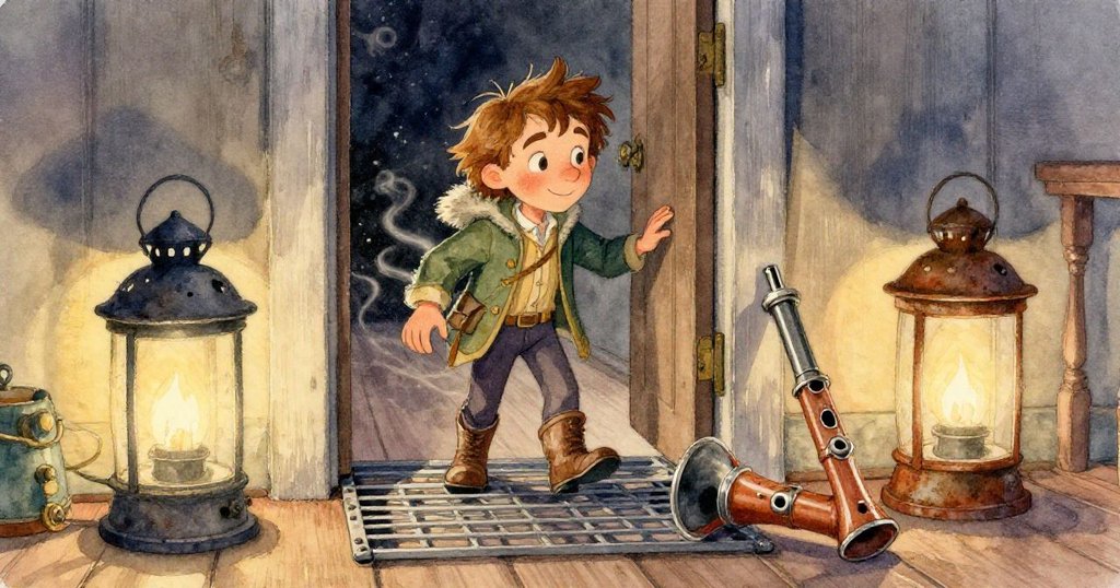 海鷗視角下旋轉光束掠過古舊甲板，海鷗掠過玻璃拱門，環境呈現生動動態與自由氣息。